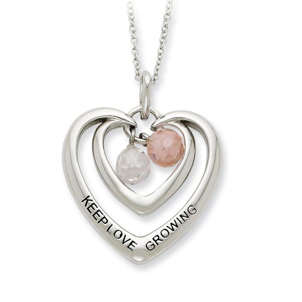 Sterling Silver & CZ, Keep Love Growing Double Heart Necklace, 18 Inch